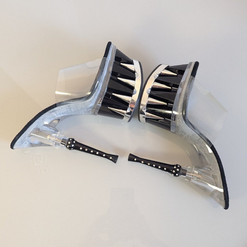 Y2K Tabu Chrome Black Shark Platform Stiletto Stripper Heels Rhinestone Studs 8 - Picture 6 of 12